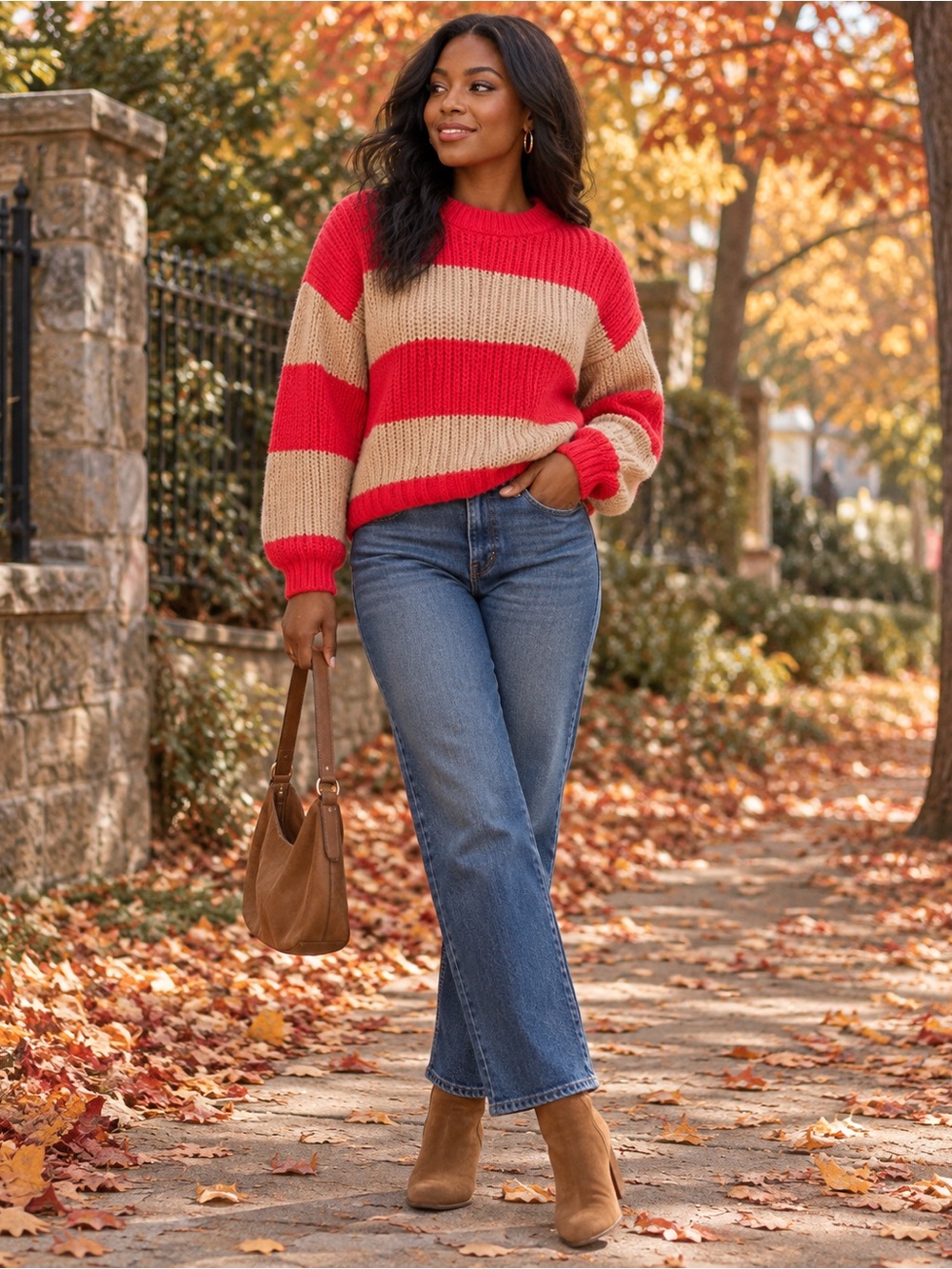 Mango MNG Women’s Red & Tan Striped Chunky Knit Sweater Size M NWT Wool Blend